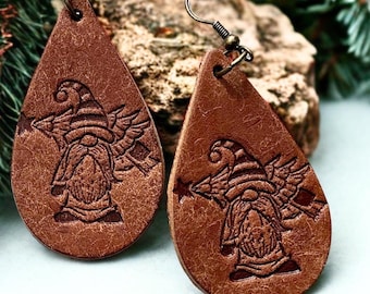 Christmas Gnome Earrings, Holiday Season Jewelry, Leather Teardrop Earrings