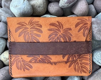 Leather Minimalist Card Wallet, Monstera Leaves Wallet, Card Holder Small Wallet