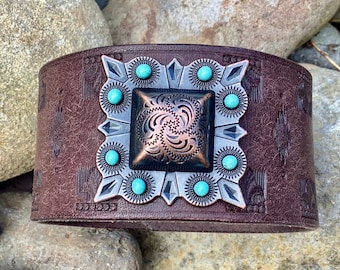 Wide Leather Cuff Leather Bracelet, Leather Concho Bracelet, Rustic Leather Bracelet