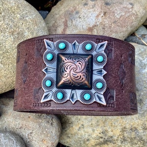 Wide Leather Cuff Leather Bracelet, Leather Concho Bracelet, Rustic Leather Bracelet