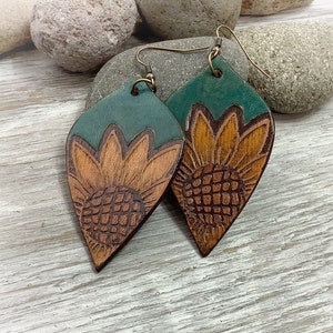 Leather Sunflower Earrings, Leaf Shaped Leather Floral Earrings, Boho Western Style Earrings