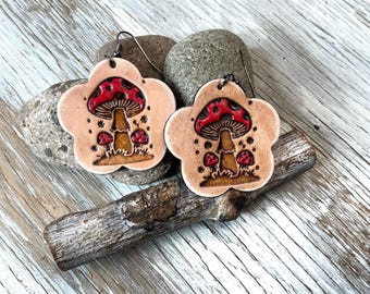 Mushroom Earrings, Nature Lover Jewelry, Flower Shaped Leather Earrings,