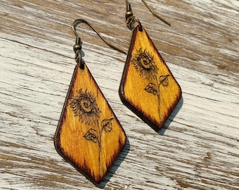 Wood Sunflower Earrings, Rustic Look Floral Earrings, Engraved Wooden Jewelry