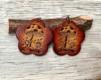 Toadstool Mushroom Earrings, Nature Lover Jewelry, Flower Shaped Leather Earrings,