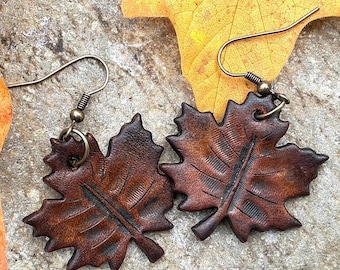 Tooled Leather Leaf Earrings: Brown Fall Inspired Earrings