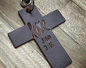 Leather Cross Saddle Charm, Purse Decor :Religious Christmas Ornament, Floral Butterflies Cross