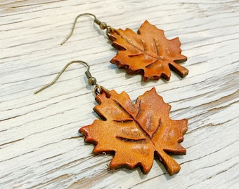 Tooled Leather Leaf Earrings: Fall leaves Inspired Earrings