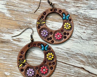 Handmade Leather Hoop Earrings: Colorful Flower Earrings