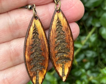 Outdoorsy Gifts For Her, Skinny Tree Earrings, Rustic Look Wood Earrings, Engraved Wood Jewelry