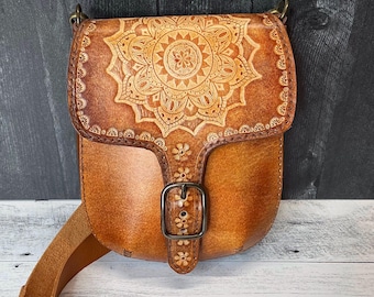 Handcrafted Tan Leather Crossbody Phone Bag: Antique Boho Style