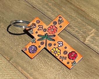 Leather Floral Cross Keychain Saddle Charm, Dragonfly Purse Decor :Religious Christmas Ornament, Decorative Floral Leather Charm