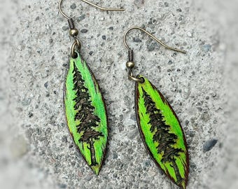 Skinny Tree Earrings, Green Rustic Look Wood Earrings, Engraved Wood Jewelry