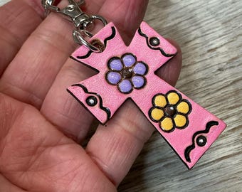 Hand Tooled Leather Cross Key Ring or Purse Charm, Pink Floral Design Cross
