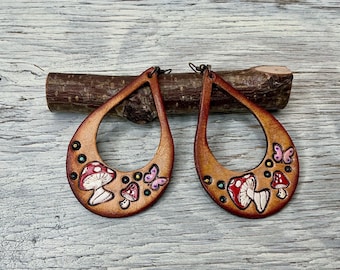 Hand Painted Leather Toadstool Mushroom Earrings, Leather Teardrop Dangle Earrings