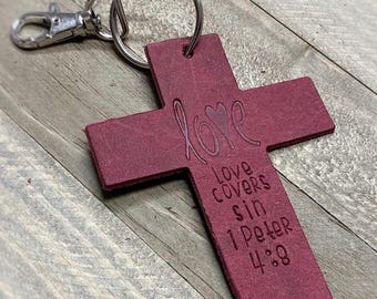 Leather Cross Saddle Charm, Purse Decor :Religious Christmas Ornament, Burgundy Leather Bag Charm