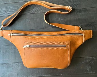 Handmade Golden Tan Leather Sling Bag: Cowhide Fanny Pack