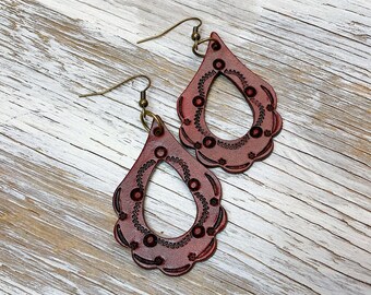 Handmade Leather Teardrop Earrings: Scalloped Floral Design