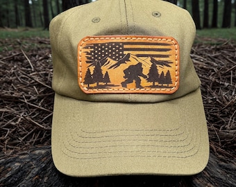 American Flag Bigfoot Baseball Cap, Khaki Sasquatch Hat with USA Flag, Patriotic Big Foot Cap