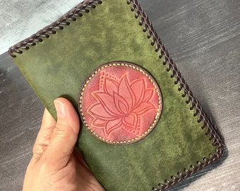 Refillable Olive Green Italian Leather Notebook Cover with Card Holder Slots and Sunflower Embellishment