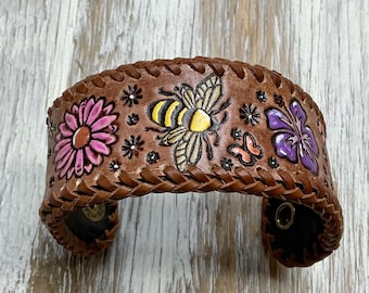 Bumblebee Leather Cuff, Nature Lover Jewelry Bracelet, Handmade Rustic Bracelet, Colorful Wristlet