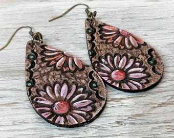 Rustic Floral Leather Earrings: Hand Painted Leather Teardrop Earrings