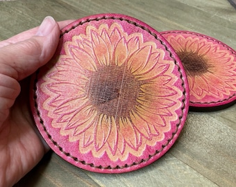 Leather Sunflower Coaters, Set of Two Handmade Pink Flower Drink Coasters