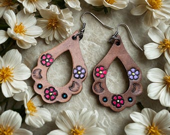 Colorful Floral Leather Teardrop Earrings, Scalloped Edge Flower Dangle Earrings