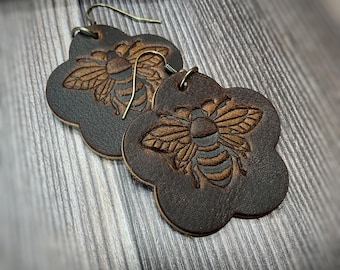 Dark Brown Leather Bumble Bee Earrings, Flower Shaped Leather Dangle Earrings, Daisy Jewelry