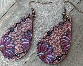 Rustic Floral Leather Earrings: Hand Painted Leather Teardrop Earrings