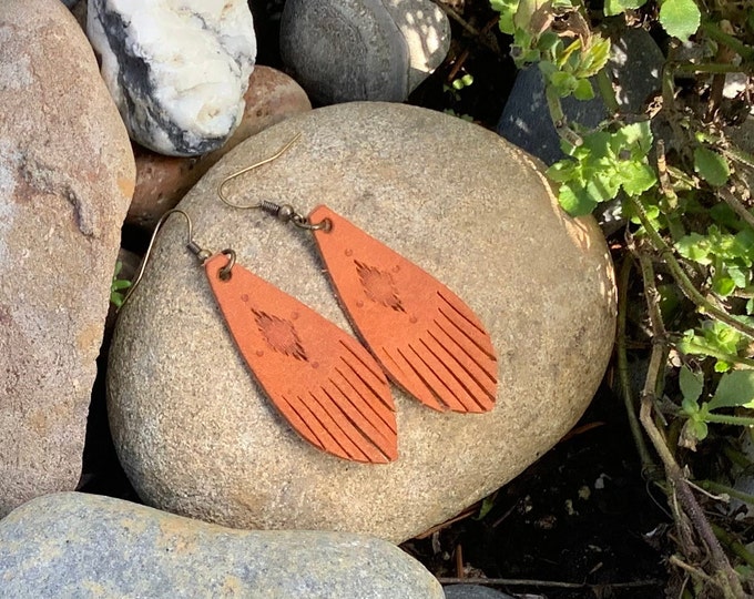Italian Leather Tooled Fringe Earrings in tan