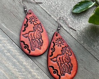 Rustic Leather Horse Girl Earrings: Teardrop Cowgirl Jewelry