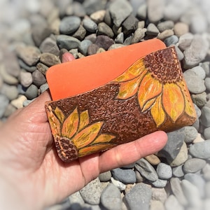 Cartera de cuero de girasol, cartera de titular de tarjeta de cuero minimalista, cartera de efectivo pequeña