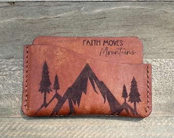 Faith Moves Mountains Leather Wallet,  Handmade Italian Leather Card Holder, Small Minimalist Pocket Wallet