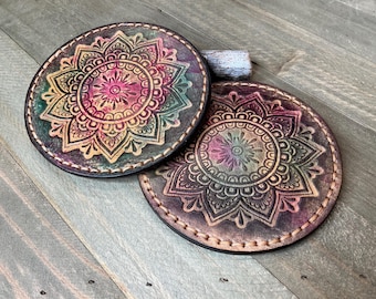 Colorful Leather Coaters, Set of Two Handmade Floral Drink Coasters