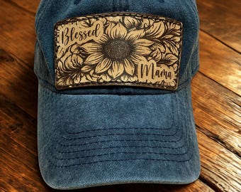 Blessed Mama Hat, Washed Denim Baseball Cap with patch