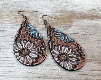 Rustic Floral Leather Earrings: Hand Painted Leather Teardrop Earrings
