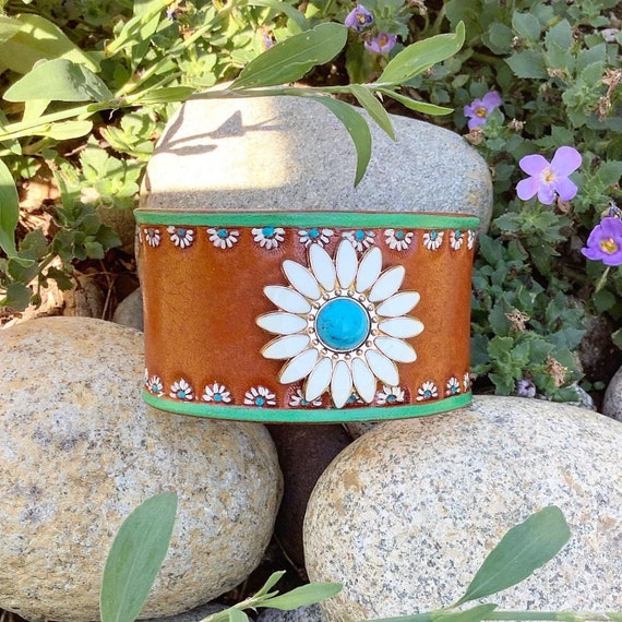 Wide Leather Daisy Cuff Bracelet, Womens Concho Floral Bracelet