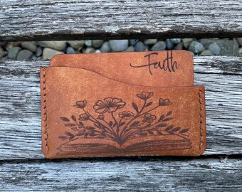 Handmade Italian Leather Card Holder , Engraved Leather Faith Small Pocket Wallet, Floral Card Holder