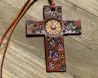 Leather Cross Saddle Charm, Purse Decor :Religious Christmas Ornament, Decorative Floral Leather Charm