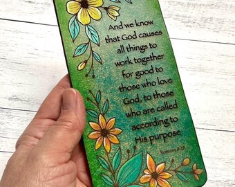 Green Leather Floral Bookmark, Romans 8 28 Bible Verse Bookmarker