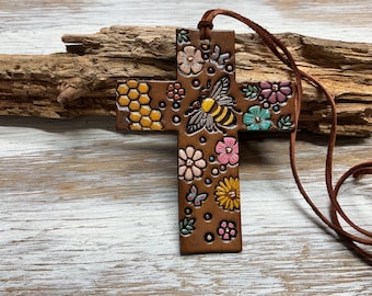 Leather Bumble Bee Cross Saddle Charm, Purse Decor :Religious Christmas Ornament, Decorative Floral Leather Charm