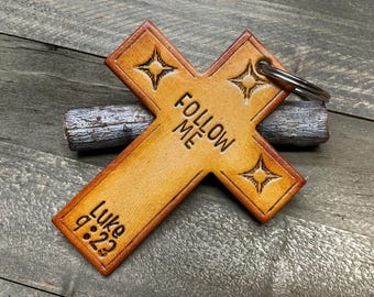 Follow Me Leather Bible Verse Cross Keychain, Convertible Saddle or Bag Charm, Luke 9:22