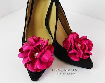 Bright pink satin bridal wedding gardenia shoe clip with pearls