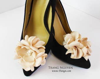 Champagne satin bridal wedding gardenia shoe clip with pearls