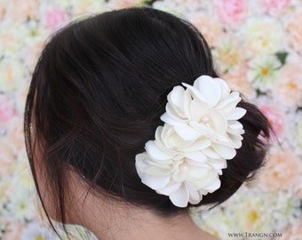 Gardenia Bridal Hair clip-Satin White /Ivory clip with pearls and swarovski crystals for the bride