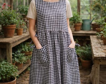 Black Gingham Apron Dress – Women’s Pinafore with Side Ties – Cottagecore Linen Look Apron – Handmade