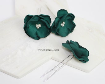Green Satin Flower Hair Pins with Pearls (Set of 3)