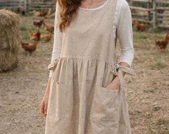 Handmade Cottagecore Natural Linen Pinafore Apron Dress with Pockets  – Vintage Inspired Rustic Kitchen Apron