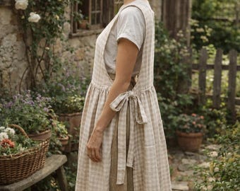 Beige Gingham Apron Dress – Women’s Pinafore with Side Ties – Cottagecore Linen Look Apron – Handmade
