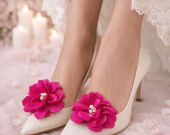 Pink Satin Gardenia Shoe Clips | Pearl & Crystal Bridal Accessory
